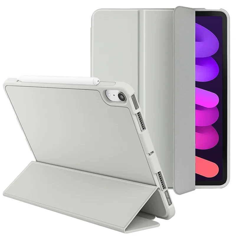 Capa de Tablet Inteligente em Couro Microfibra + TPU + Silicone com Suporte Triplo para iPad mini (2024) / mini (2021) - Branco