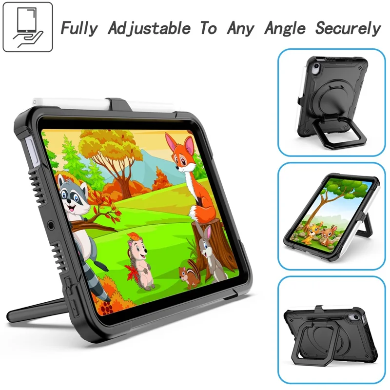 Rotating Kickstand PC + Silicone Tablet Case Cover with Shoulder Strap for iPad mini (2024) / mini (2021) - Black / Black