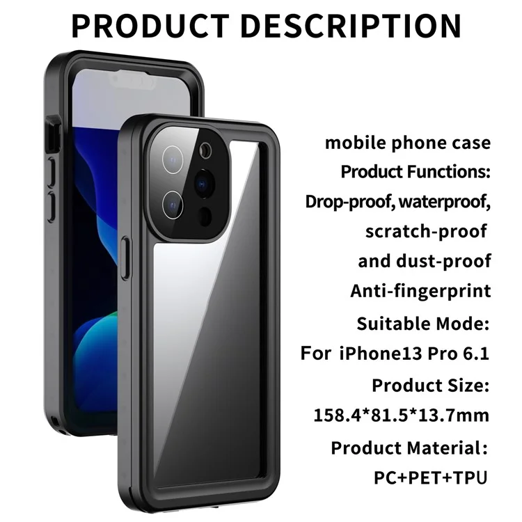 REDPEPPER PRO Series Drop-proof IP68 Waterproof Scratch Resistant Transparent Phone Case for iPhone 13 Pro 6.1 inch