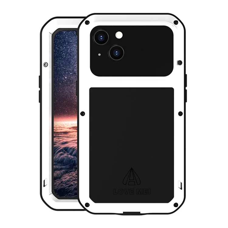 Love MEI Caso de Silicona de Metal de Cuerpo Completo Case de Silicona Protector de Pantalla de Vidrio Templado Incorporado Para Iphone 13 6.1 Pulgadas - Blanco