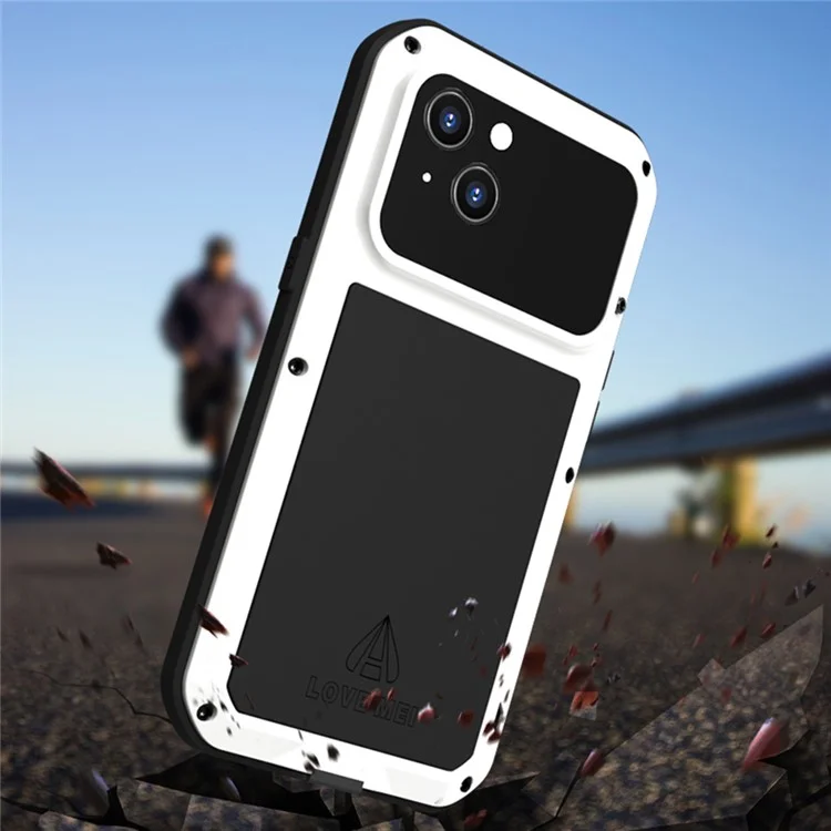 LOVE MEI Full-Body Rugged Metal Bumper Silicone Case Built-in Tempered Glass Screen Protector for iPhone 13 6.1 inch - White