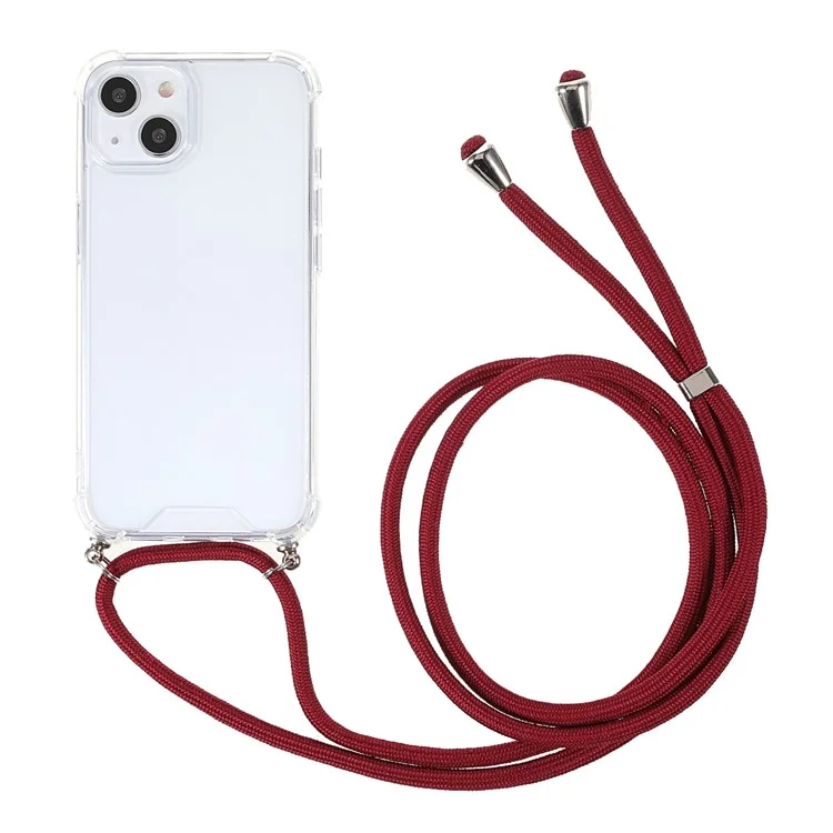 Transparent Acrylic + TPU Hybrid Phone Case Cover with Textile Lanyard for iPhone 13 6.1 inch - Jujube Red