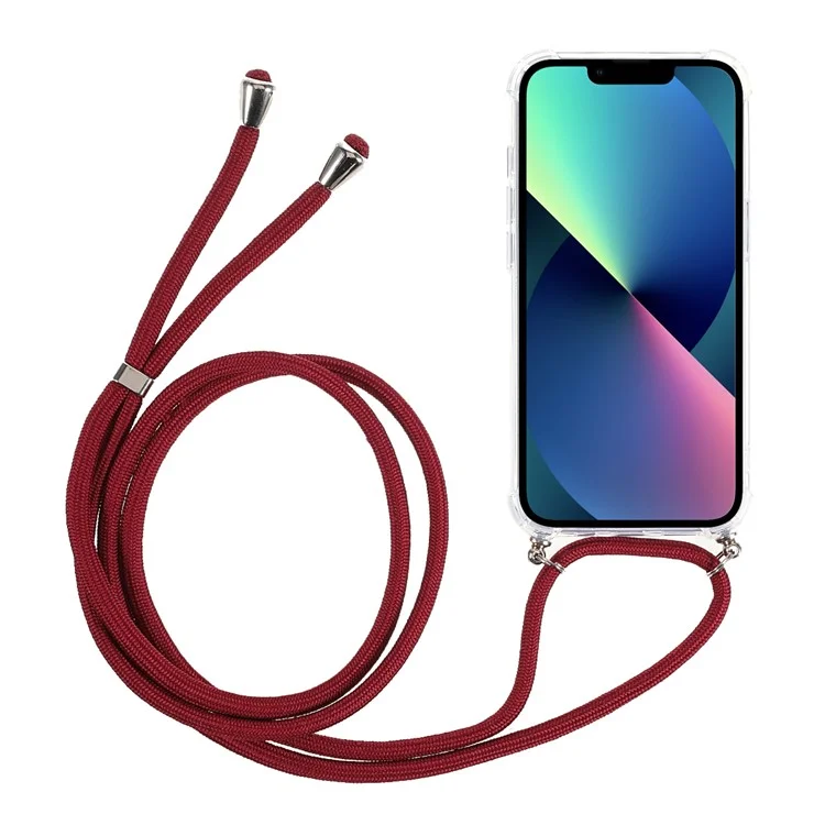 Transparent Acrylic + TPU Hybrid Phone Case Cover with Textile Lanyard for iPhone 13 6.1 inch - Jujube Red