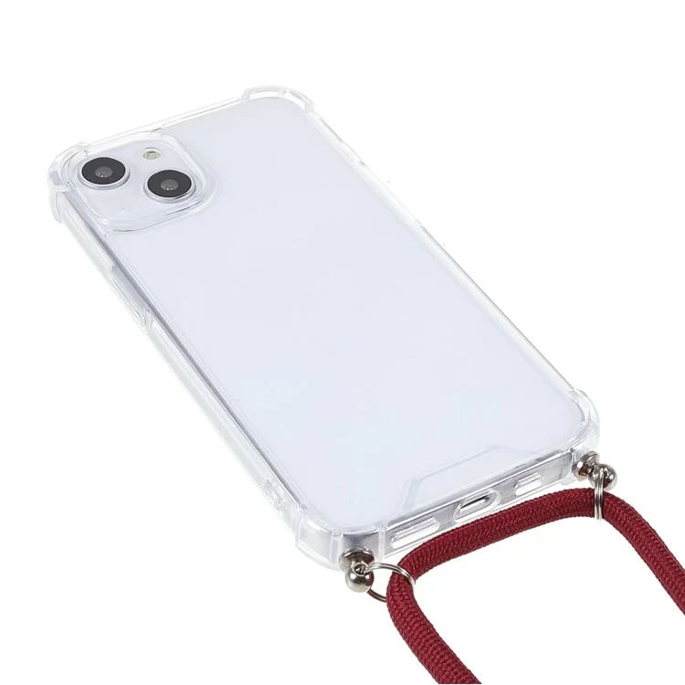 Transparent Acrylic + TPU Hybrid Phone Case Cover with Textile Lanyard for iPhone 13 6.1 inch - Jujube Red