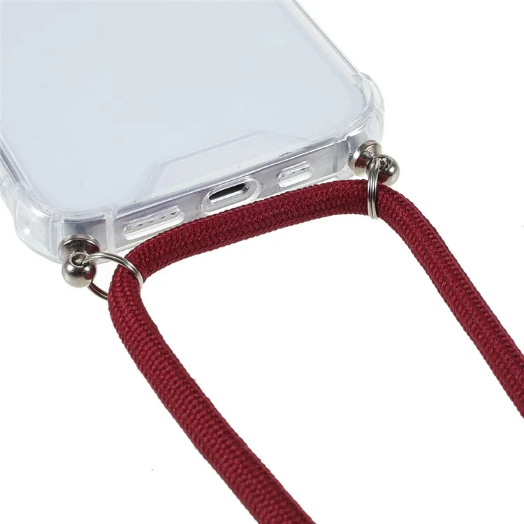 Transparent Acrylic + TPU Hybrid Phone Case Cover with Textile Lanyard for iPhone 13 6.1 inch - Jujube Red