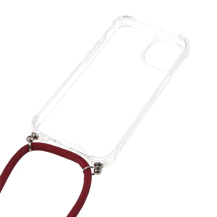 Transparent Acrylic + TPU Hybrid Phone Case Cover with Textile Lanyard for iPhone 13 6.1 inch - Jujube Red