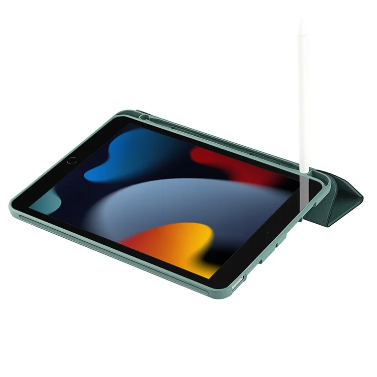 Para Ipad 10.2 (2020) /(2019) /(2021) Tri-fold Stanche Case de Correcto de Microfibro de Microfibra + TPU + Wake Auto Silicona / Cáscara de Tableta de Sueño Con Ranura Para Lápiz - Verde Oscuro