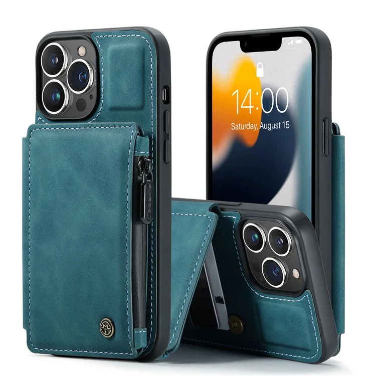 CASEME C20 Series For iPhone 13 Pro 6.1 inch Zipper Pocket Wallet Phone Cover Card Slots Quality PU Leather and TPU Case with Kickstand - Blue