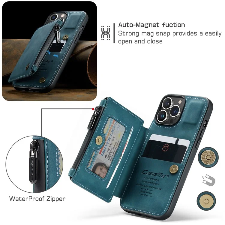 CASEME C20 Series For iPhone 13 Pro 6.1 inch Zipper Pocket Wallet Phone Cover Card Slots Quality PU Leather and TPU Case with Kickstand - Blue