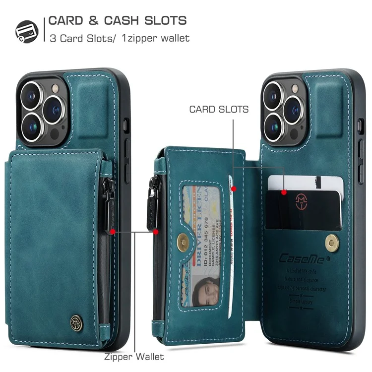CASEME C20 Series For iPhone 13 Pro 6.1 inch Zipper Pocket Wallet Phone Cover Card Slots Quality PU Leather and TPU Case with Kickstand - Blue
