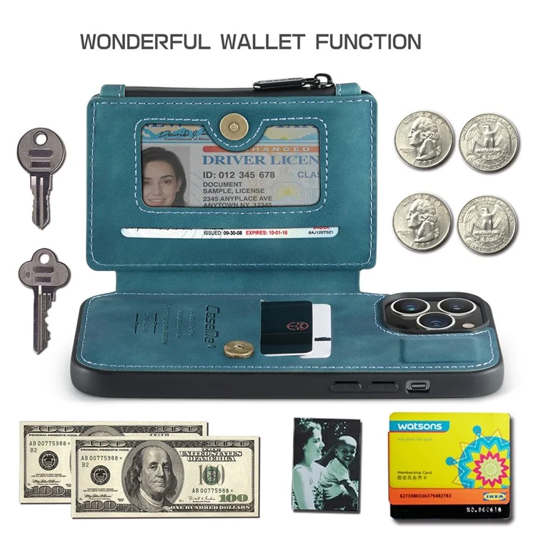 CASEME C20 Series For iPhone 13 Pro 6.1 inch Zipper Pocket Wallet Phone Cover Card Slots Quality PU Leather and TPU Case with Kickstand - Blue