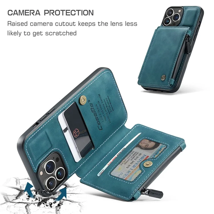 CASEME C20 Series For iPhone 13 Pro 6.1 inch Zipper Pocket Wallet Phone Cover Card Slots Quality PU Leather and TPU Case with Kickstand - Blue