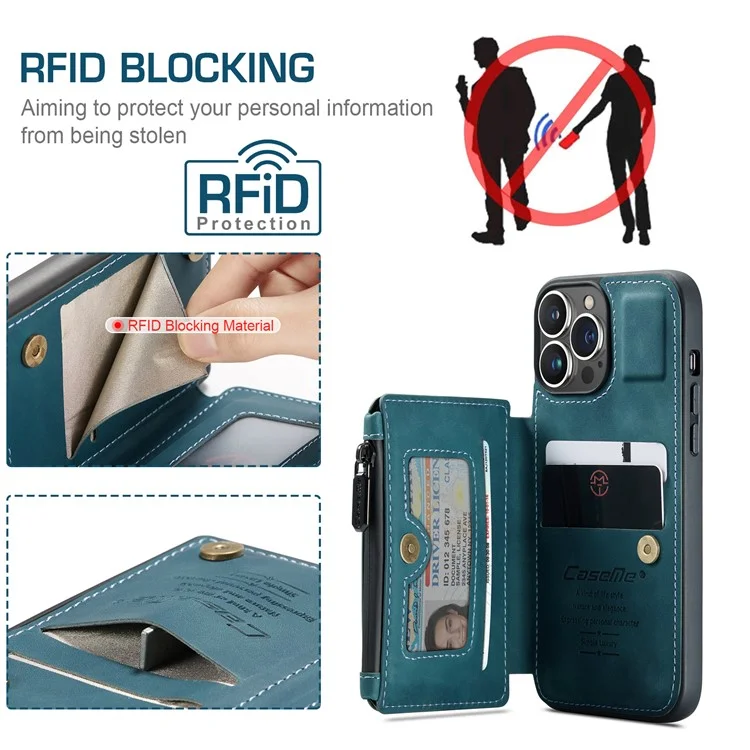 CASEME C20 Series For iPhone 13 Pro 6.1 inch Zipper Pocket Wallet Phone Cover Card Slots Quality PU Leather and TPU Case with Kickstand - Blue