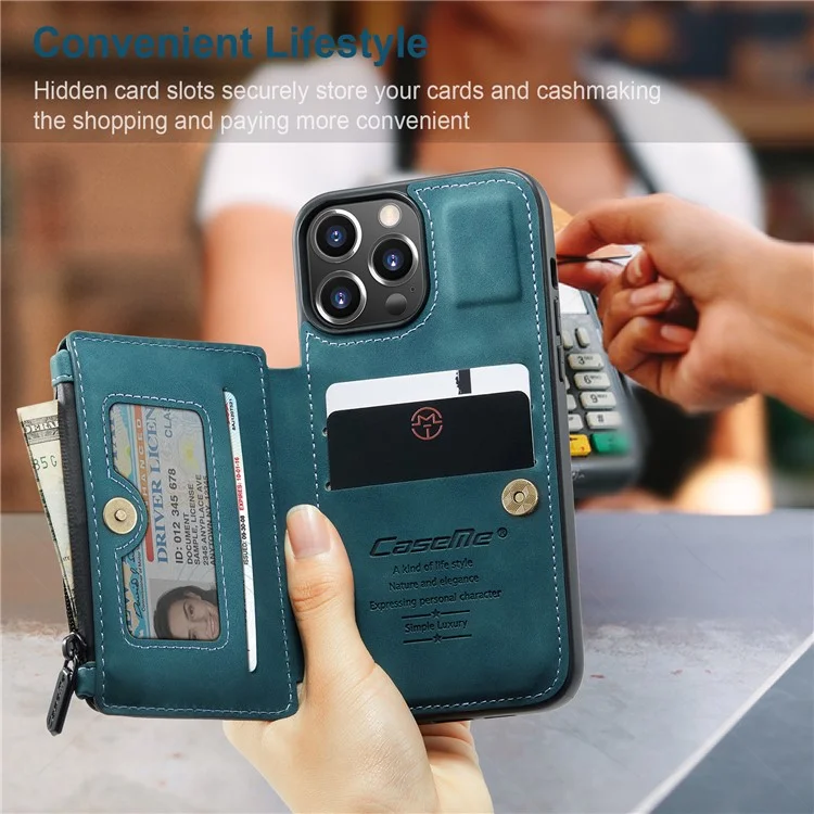 CASEME C20 Series For iPhone 13 Pro 6.1 inch Zipper Pocket Wallet Phone Cover Card Slots Quality PU Leather and TPU Case with Kickstand - Blue