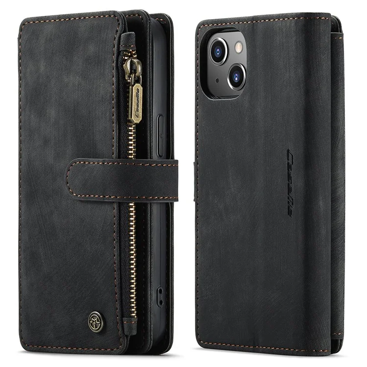 For iPhone 13 Phone Cases with Strap CASEME C30 Zipper Multiple Card Holder PU Leather Cover - Black