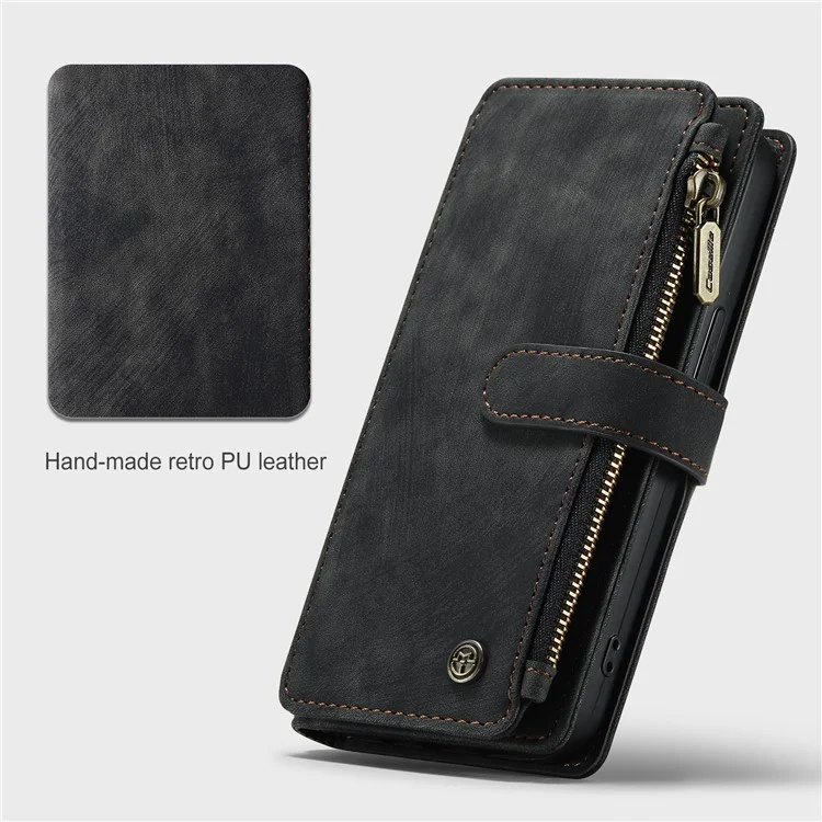 For iPhone 13 Phone Cases with Strap CASEME C30 Zipper Multiple Card Holder PU Leather Cover - Black