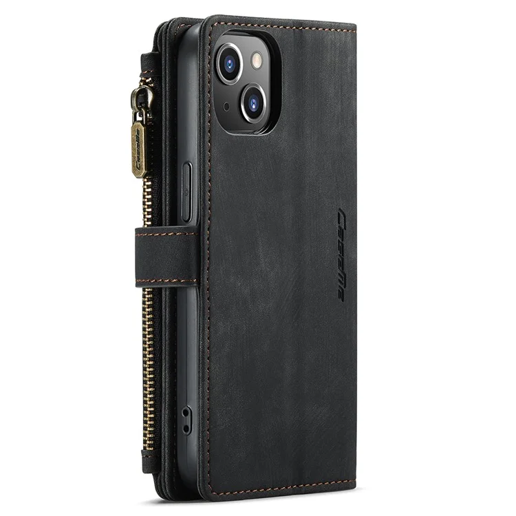 For iPhone 13 Phone Cases with Strap CASEME C30 Zipper Multiple Card Holder PU Leather Cover - Black