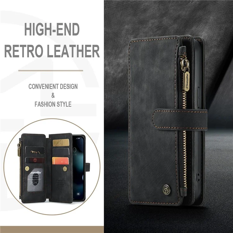 For iPhone 13 Phone Cases with Strap CASEME C30 Zipper Multiple Card Holder PU Leather Cover - Black