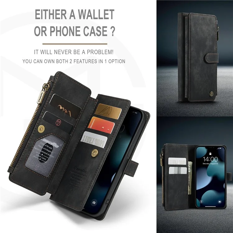 For iPhone 13 Phone Cases with Strap CASEME C30 Zipper Multiple Card Holder PU Leather Cover - Black
