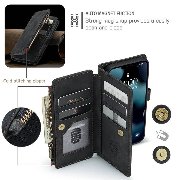 CASEME C30 Series For iPhone 13 Pro 6.1 inch Zipper Pocket Supporting Stand Design Shockproof PU Leather TPU Wallet Cover Flip Case Phone Case - Black