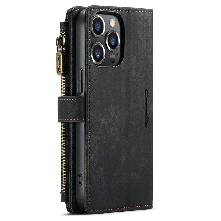 CASEME C30 Series For iPhone 13 Pro 6.1 inch Zipper Pocket Supporting Stand Design Shockproof PU Leather TPU Wallet Cover Flip Case Phone Case - Black