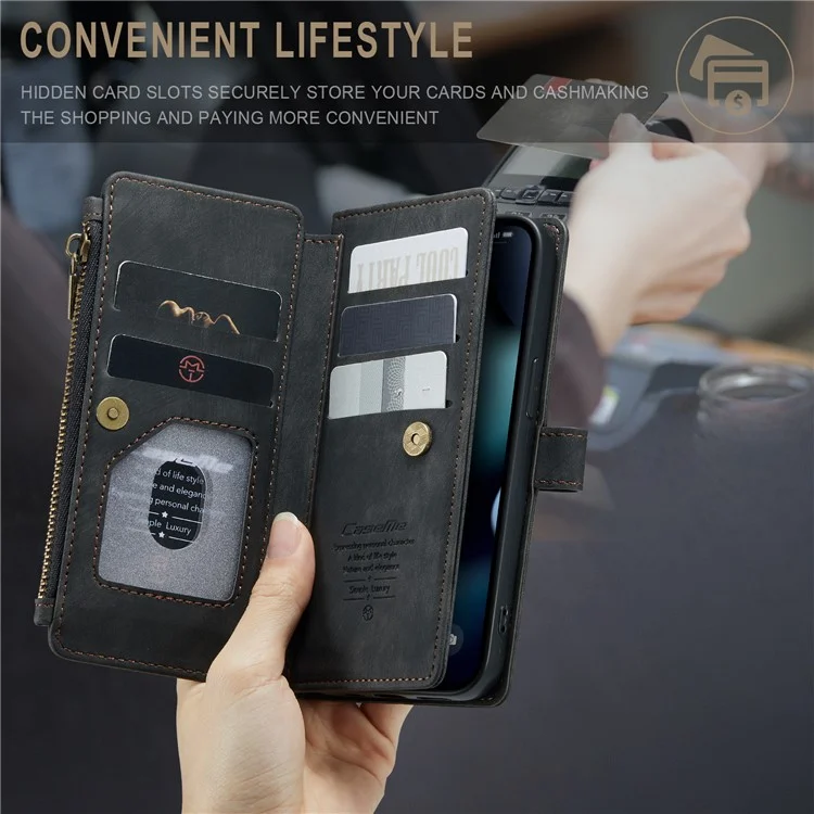 CASEME C30 Series For iPhone 13 Pro 6.1 inch Zipper Pocket Supporting Stand Design Shockproof PU Leather TPU Wallet Cover Flip Case Phone Case - Black