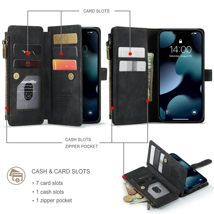 CASEME C30 Series For iPhone 13 Pro 6.1 inch Zipper Pocket Supporting Stand Design Shockproof PU Leather TPU Wallet Cover Flip Case Phone Case - Black