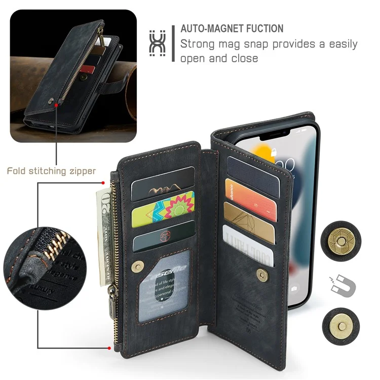 CASEME C30 Série Capa de Carteira de Couro PU a Prova de Choque com Bolso de Zíper, Design de Suporte Resistente a Arranhões para iPhone 13 Pro Max 6,7 polegadas - Preto 
