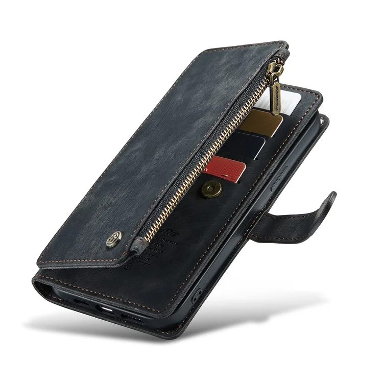 CASEME C30 Série Capa de Carteira de Couro PU a Prova de Choque com Bolso de Zíper, Design de Suporte Resistente a Arranhões para iPhone 13 Pro Max 6,7 polegadas - Preto 