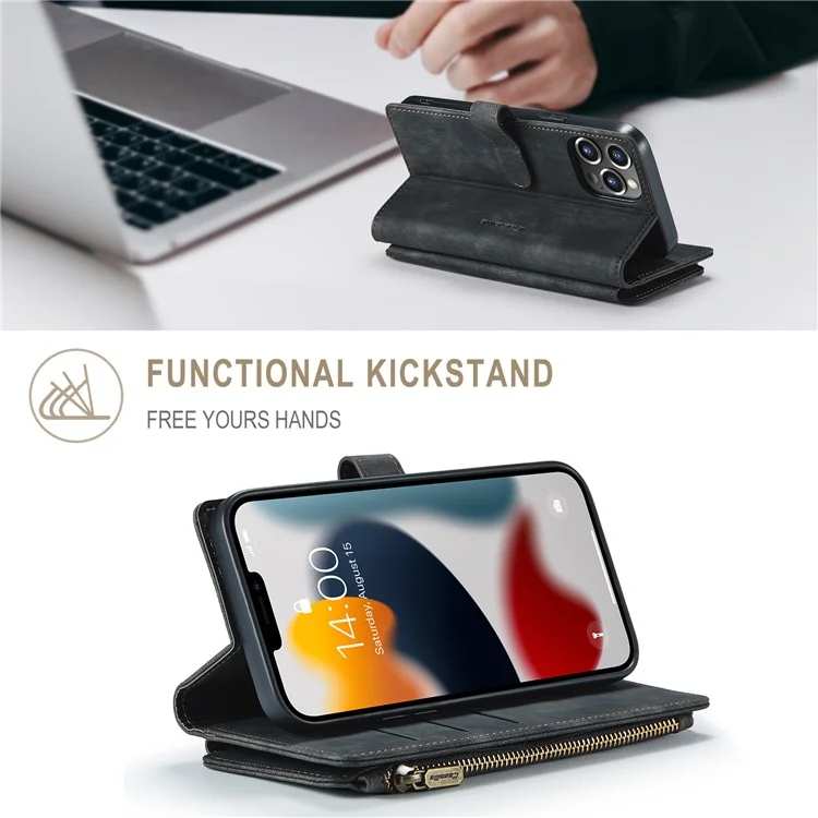 CASEME C30 Série Capa de Carteira de Couro PU a Prova de Choque com Bolso de Zíper, Design de Suporte Resistente a Arranhões para iPhone 13 Pro Max 6,7 polegadas - Preto 