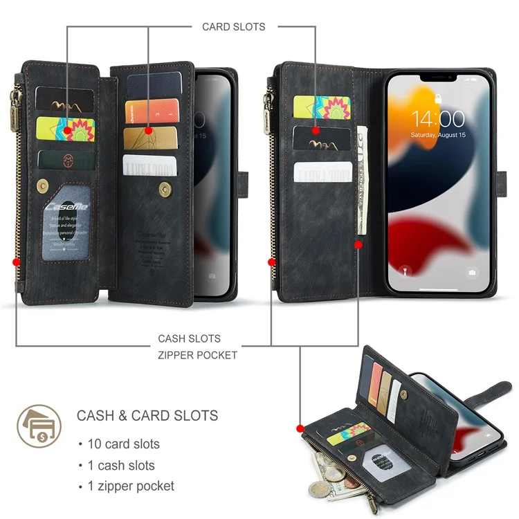 CASEME C30 Series Scratch Resistant Supporting Stand Design Zipper Pocket Shockproof PU Leather TPU Wallet Cover Flip Case Phone Cover for iPhone 13 Pro Max 6.7 inch - Black