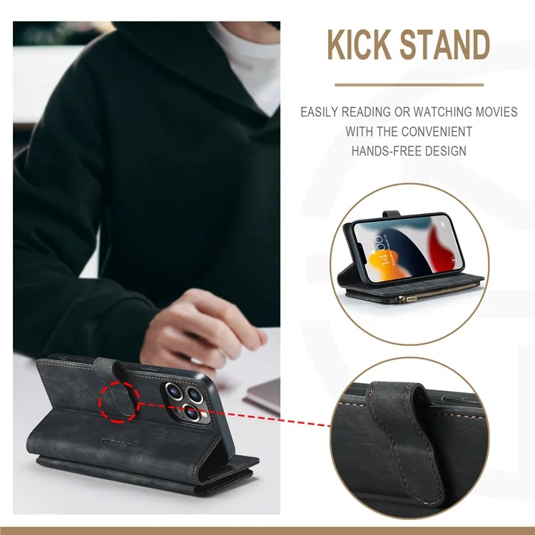 CASEME C30 Série Capa de Carteira de Couro PU a Prova de Choque com Bolso de Zíper, Design de Suporte Resistente a Arranhões para iPhone 13 Pro Max 6,7 polegadas - Preto 