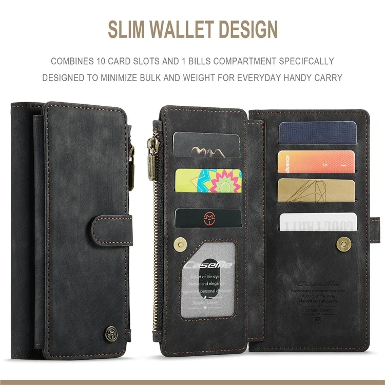 CASEME C30 Série Capa de Carteira de Couro PU a Prova de Choque com Bolso de Zíper, Design de Suporte Resistente a Arranhões para iPhone 13 Pro Max 6,7 polegadas - Preto 