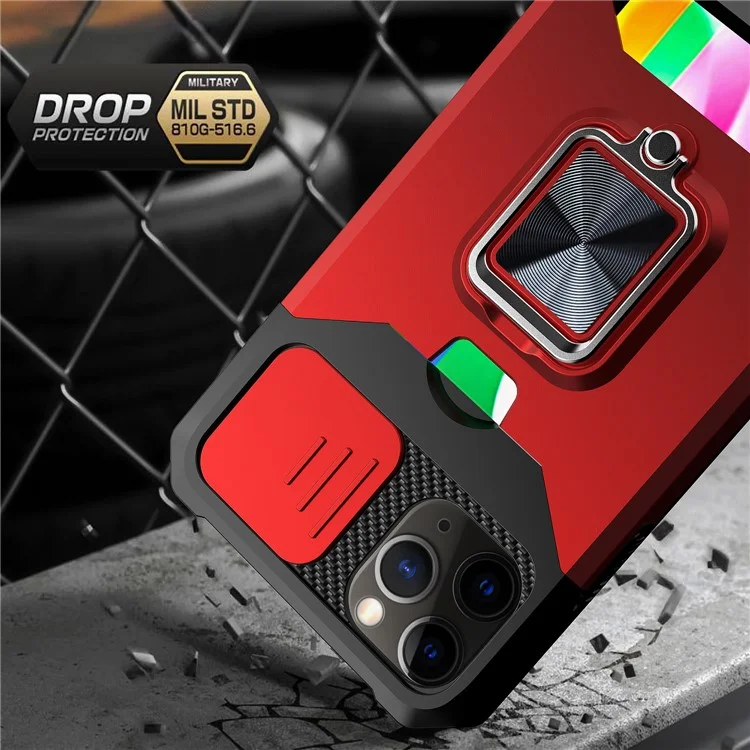 Sliding Camera Cover Design Anti-Drop Ring Holder Kickstand Phone Case with Card Slot for iPhone 11 Pro Max 6.5 inch - Silver