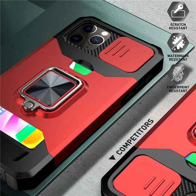 Sliding Camera Cover Design Anti-Drop Ring Holder Kickstand Phone Case with Card Slot for iPhone 11 Pro Max 6.5 inch - Silver