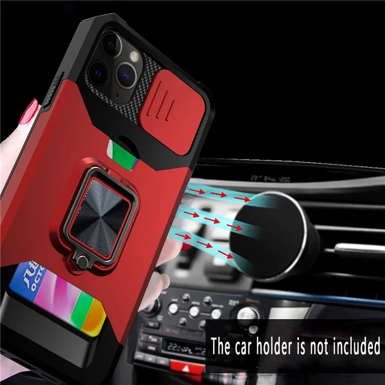 Sliding Camera Cover Design Anti-Drop Ring Holder Kickstand Phone Case with Card Slot for iPhone 11 Pro Max 6.5 inch - Silver