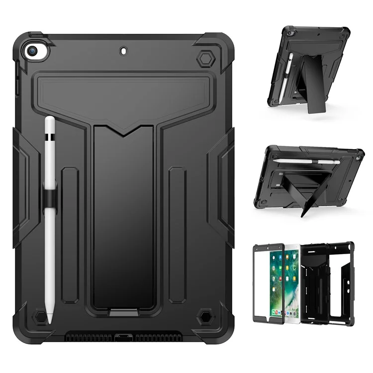 T-förmiges Kickstand-Design Anti-Drop Stoßfeste PC + Silikon Tablet-Schutzhülle für iPad 10.2 (2021) - Schwarz/Schwarz