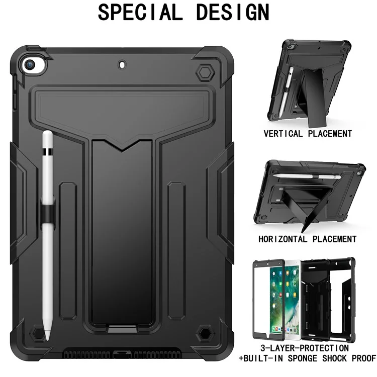 T-förmiges Kickstand-Design Anti-Drop Stoßfeste PC + Silikon Tablet-Schutzhülle für iPad 10.2 (2021) - Schwarz/Schwarz
