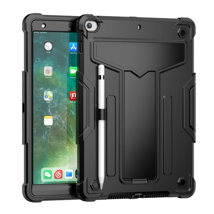 T-shaped Kickstand Design Anti-drop Shockproof PC + Silicone Tablet Case Protector for iPad 10.2 (2021) - Black/Black