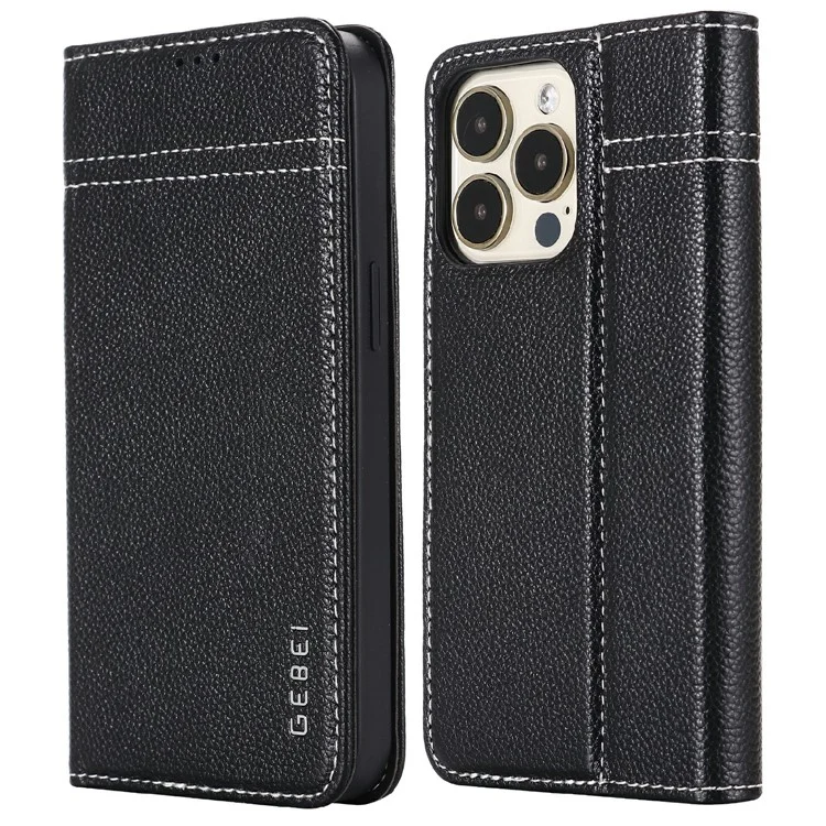 GEBEI Warship Series Genuine Leather Phone Protective Case Shell mit 2 Kartensteckplätzen für iPhone 13 Pro 6.1 Zoll - Schwarz