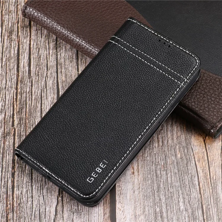 GEBEI Warship Series Genuine Leather Phone Protective Case Shell mit 2 Kartensteckplätzen für iPhone 13 Pro 6.1 Zoll - Schwarz
