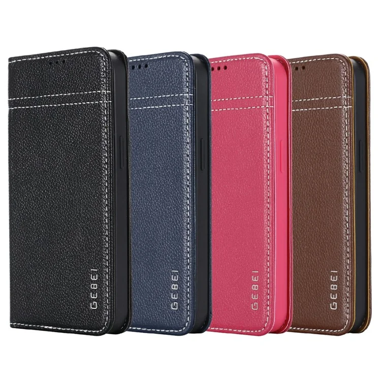 GEBEI Warship Series Genuine Leather Phone Protective Case Shell mit 2 Kartensteckplätzen für iPhone 13 Pro 6.1 Zoll - Schwarz