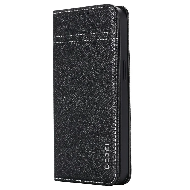 GEBEI Warship Series Genuine Leather Phone Protective Case Shell mit 2 Kartensteckplätzen für iPhone 13 Pro 6.1 Zoll - Schwarz