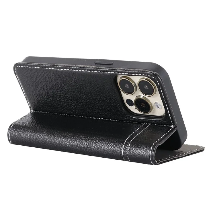 GEBEI Warship Series Genuine Leather Phone Protective Case Shell mit 2 Kartensteckplätzen für iPhone 13 Pro 6.1 Zoll - Schwarz