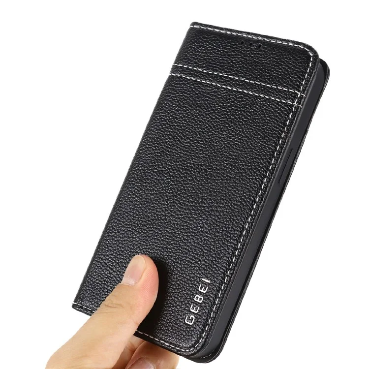 GEBEI Warship Series Genuine Leather Phone Protective Case Shell mit 2 Kartensteckplätzen für iPhone 13 Pro 6.1 Zoll - Schwarz