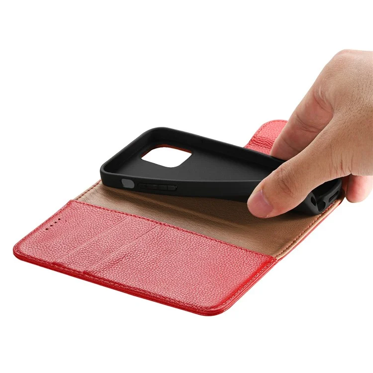 Litchi Texture Wallet Case de Cuero Genuino Foliatra - Rojo