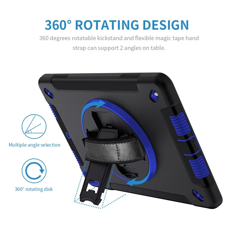 Kickstand Anti-Drop Silicone Hard PC Well-Protected Hybrid Cover with Rotatable Hand Strap Pencil Holder Shoulder Strap for iPad 10.2 (2019)/(2020)/(2021) - Dark Blue