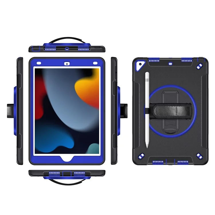Kickstand Anti-Drop Silicone Hard PC Well-Protected Hybrid Cover with Rotatable Hand Strap Pencil Holder Shoulder Strap for iPad 10.2 (2019)/(2020)/(2021) - Dark Blue