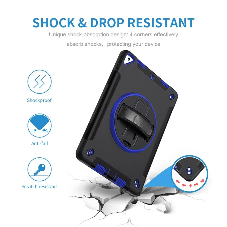 Kickstand Anti-Drop Silicone Hard PC Well-Protected Hybrid Cover with Rotatable Hand Strap Pencil Holder Shoulder Strap for iPad 10.2 (2019)/(2020)/(2021) - Dark Blue