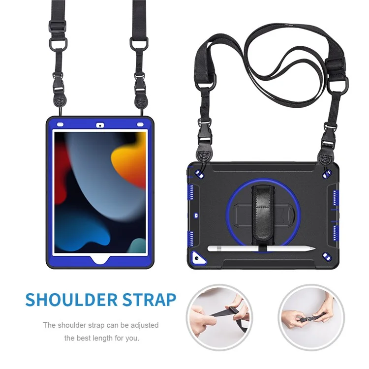 Kickstand Anti-Drop Silicone Hard PC Well-Protected Hybrid Cover with Rotatable Hand Strap Pencil Holder Shoulder Strap for iPad 10.2 (2019)/(2020)/(2021) - Dark Blue
